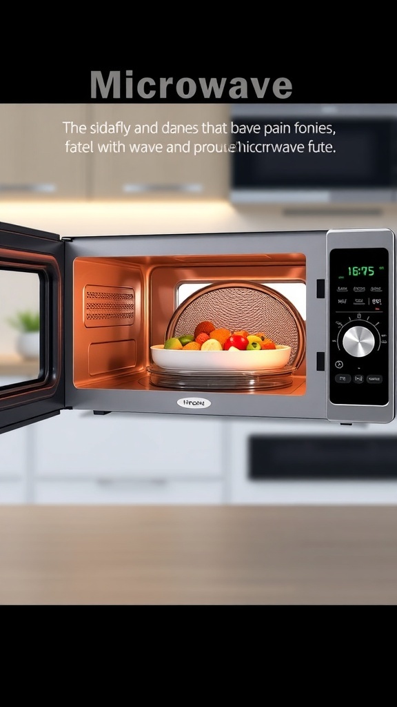 A 3D view of a microwave oven cooking food, set in a contemporary kitchen.